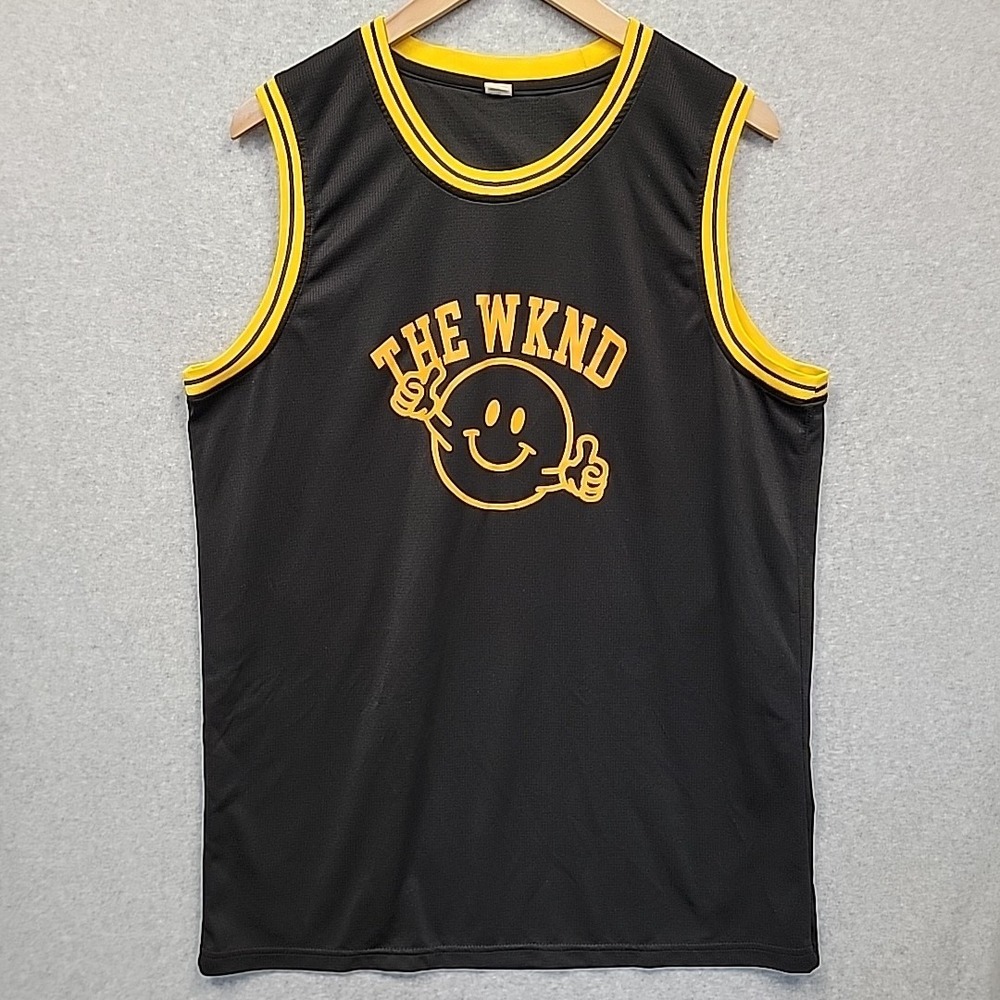 The Wknd Men Sz 2XL Jersey Shirt Two Sided Black Yellow Smiley Face 22 Music Fan